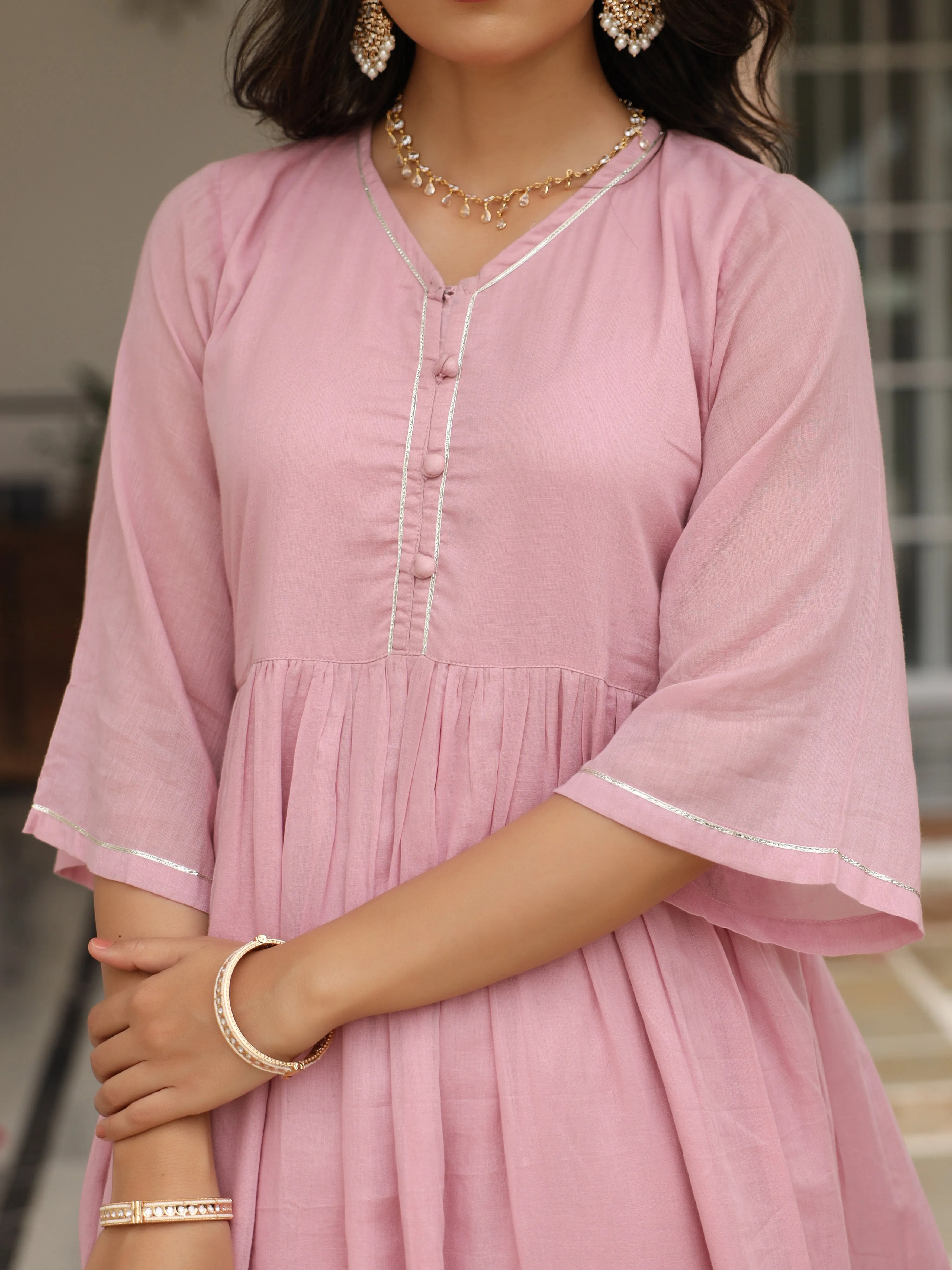 Baby pink mulmul cotton anarkali kurta set with trousers and dupatta
