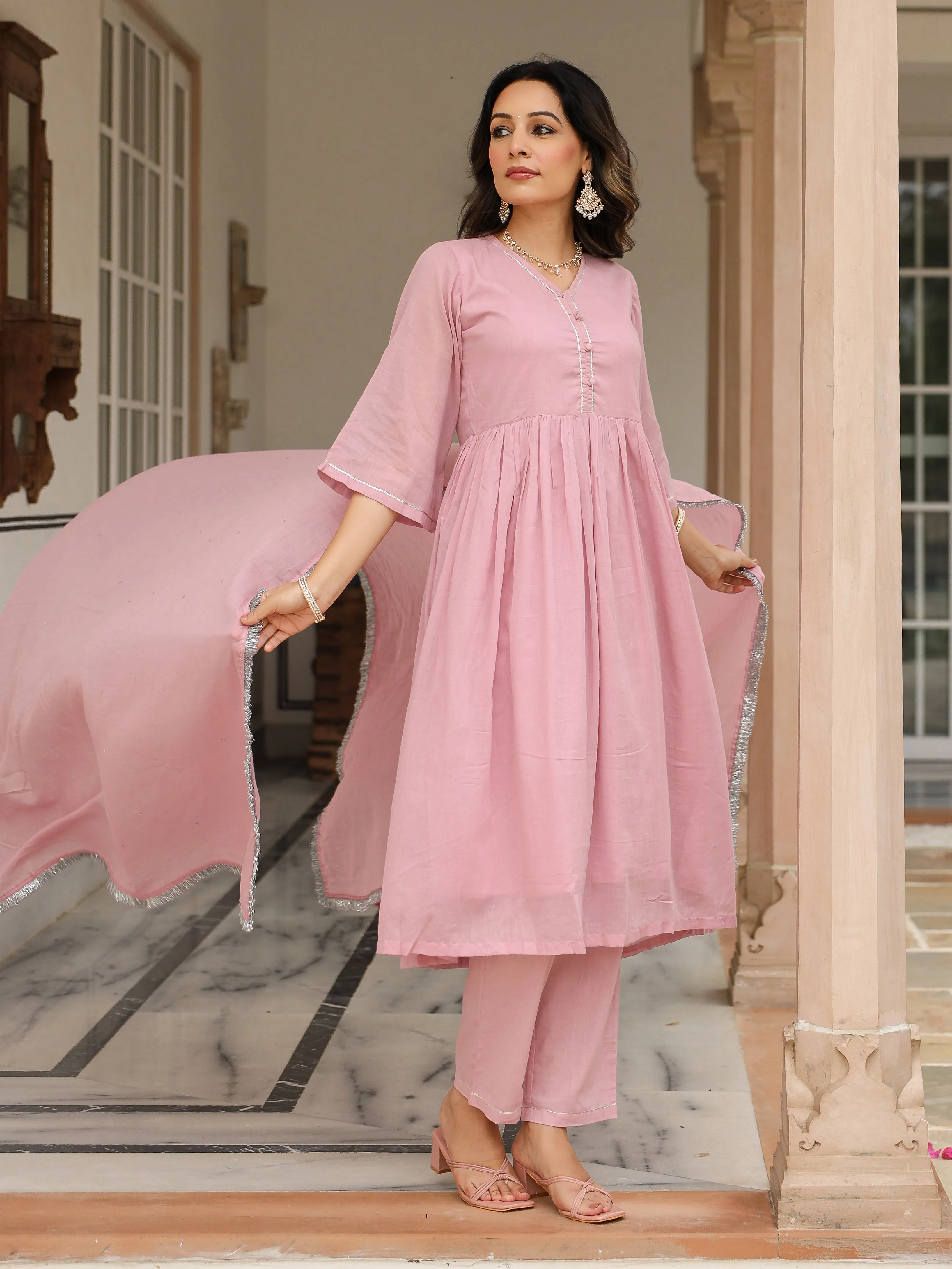 Baby pink mulmul cotton anarkali kurta set with trousers and dupatta