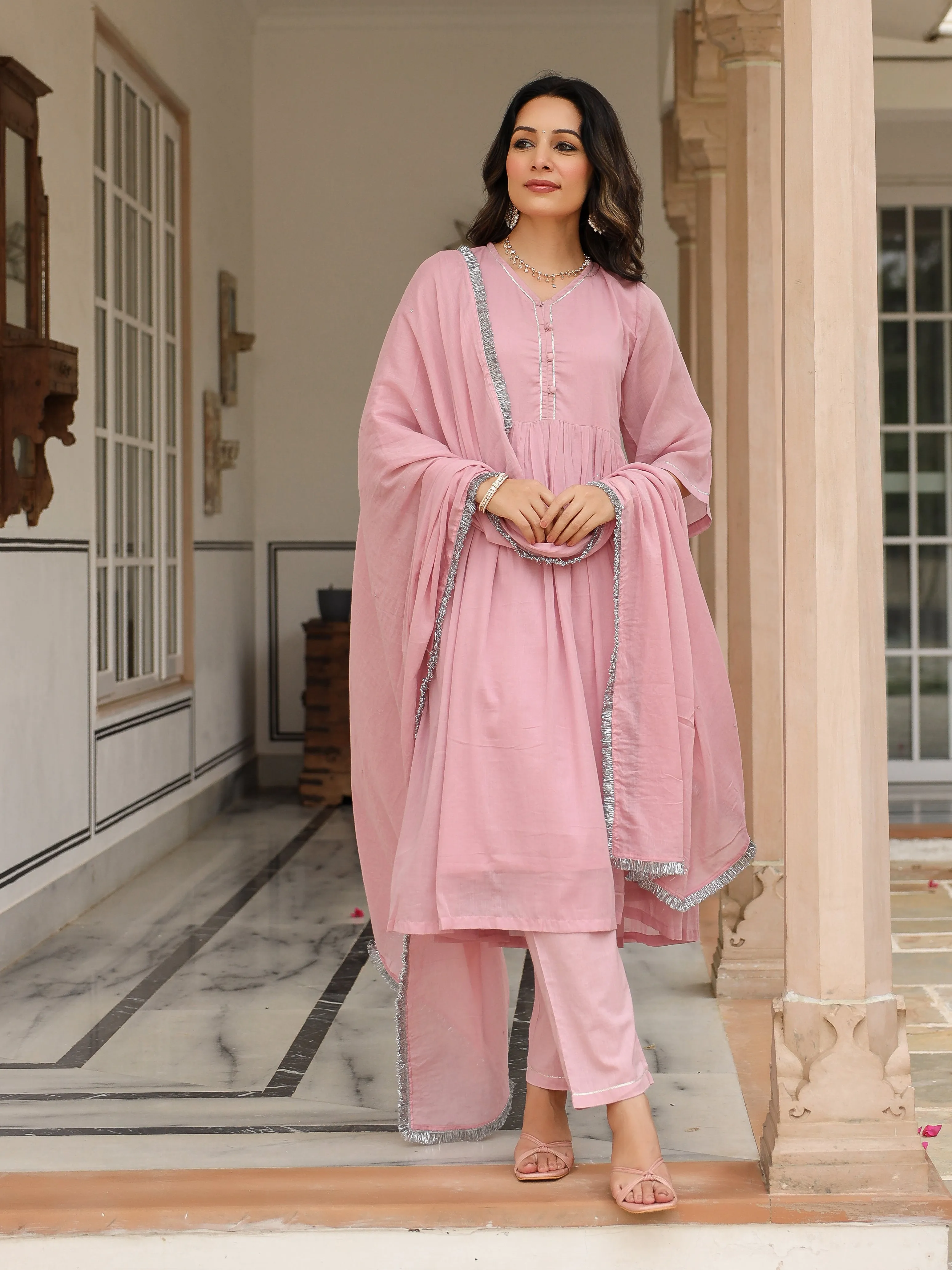 Baby pink mulmul cotton anarkali kurta set with trousers and dupatta