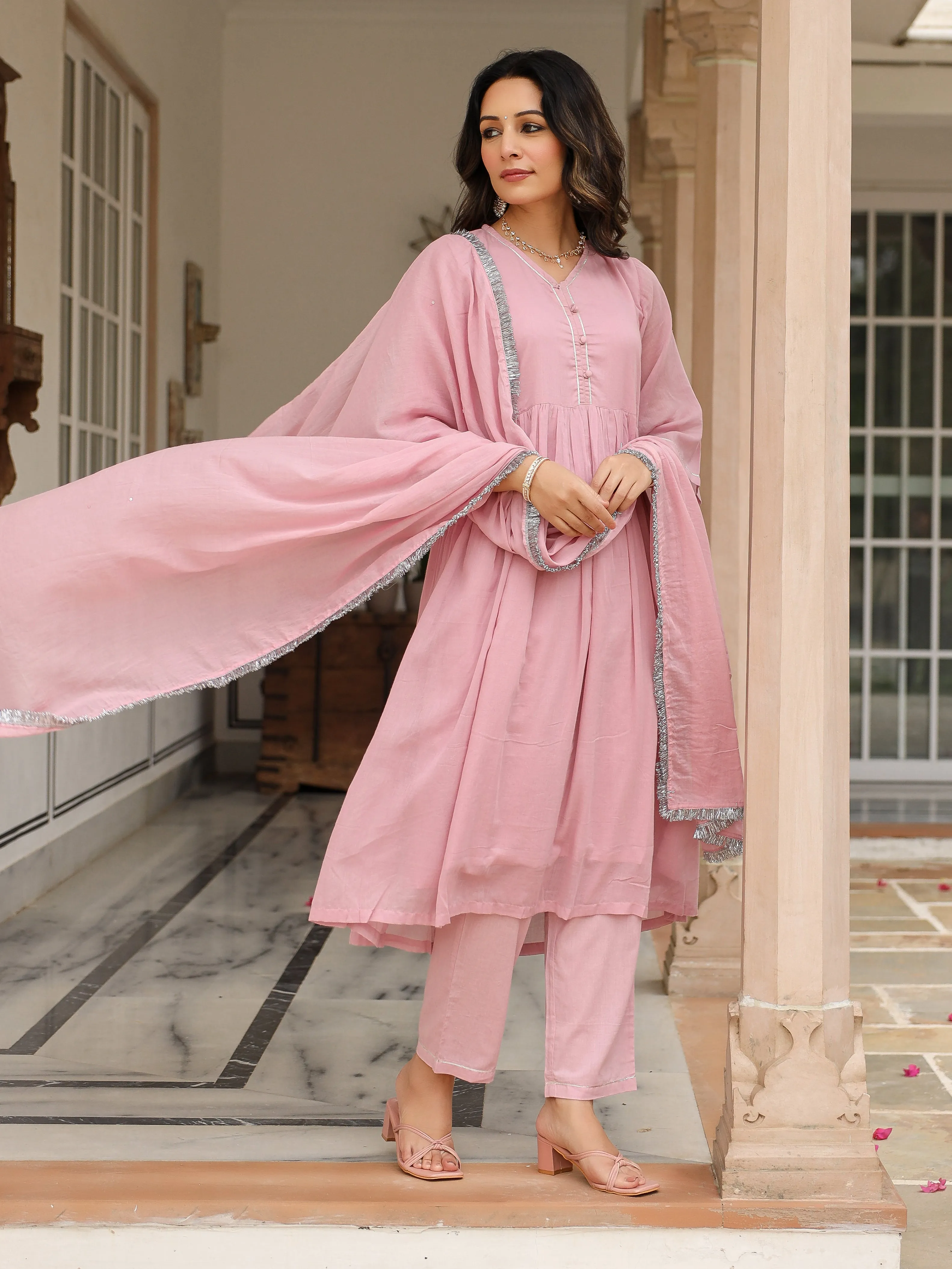 Baby pink mulmul cotton anarkali kurta set with trousers and dupatta