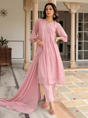 Baby pink mulmul cotton anarkali kurta set with trousers and dupatta