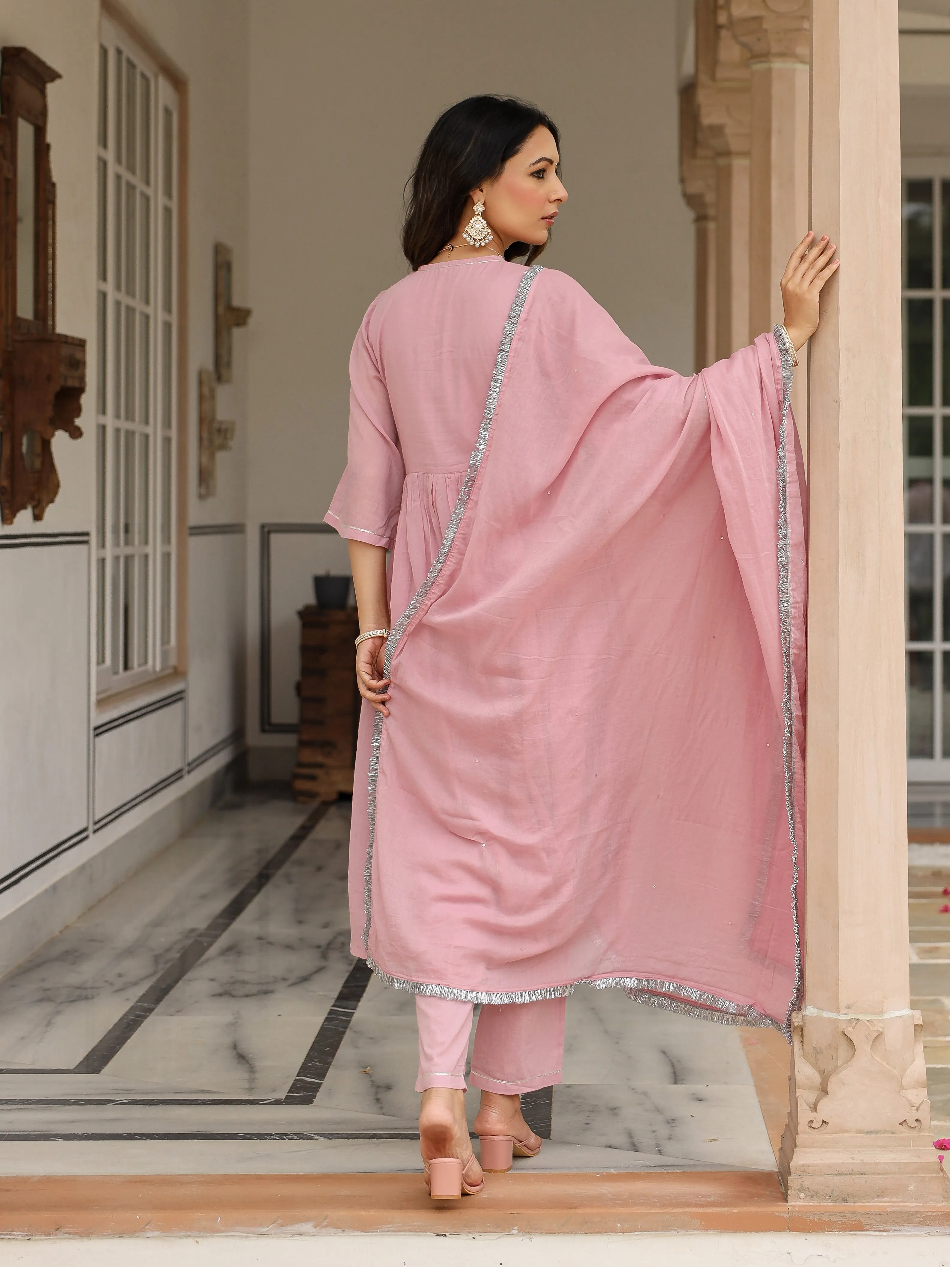 Baby pink mulmul cotton anarkali kurta set with trousers and dupatta