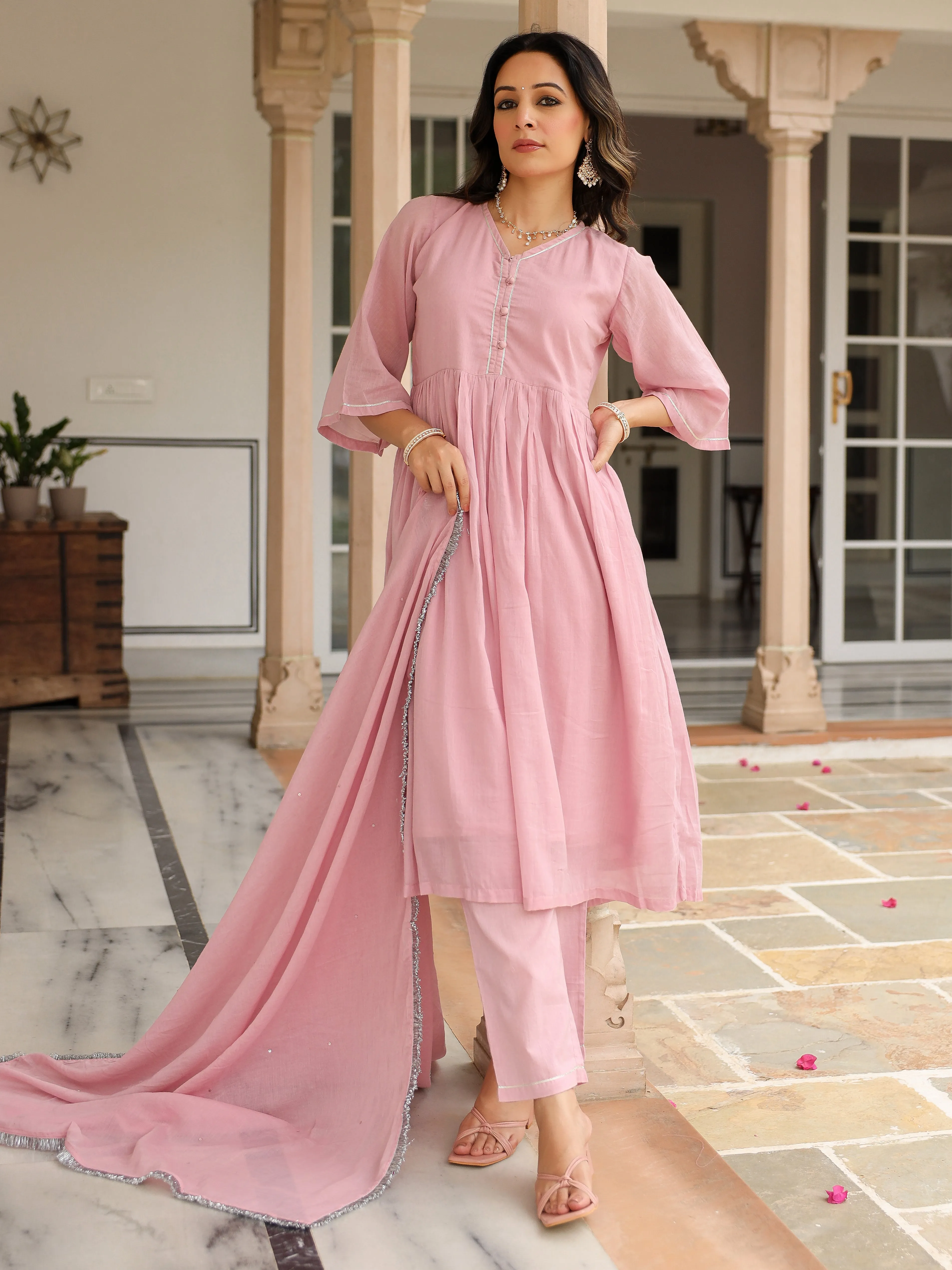 Baby pink mulmul cotton anarkali kurta set with trousers and dupatta