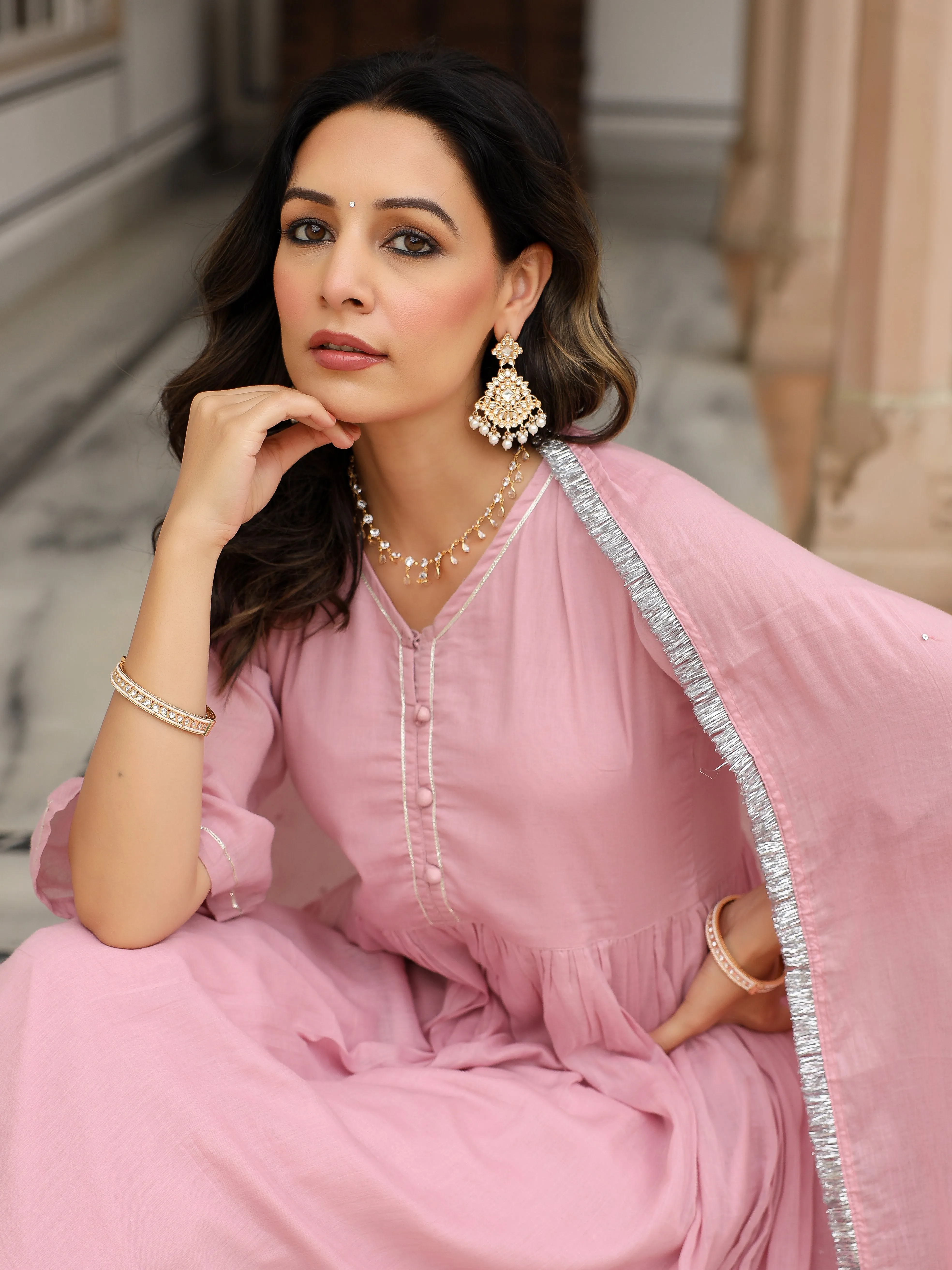 Baby pink mulmul cotton anarkali kurta set with trousers and dupatta