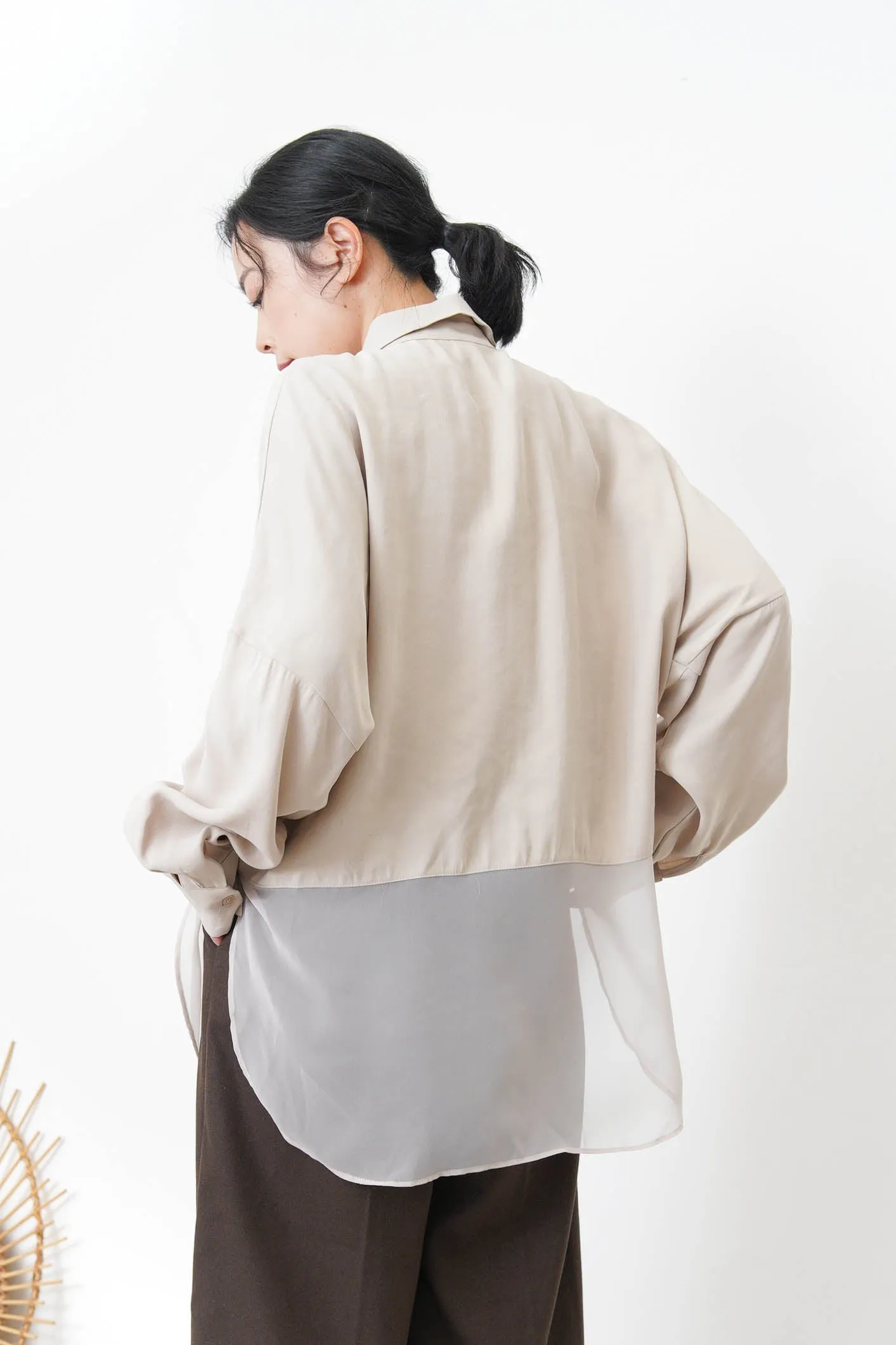 Beige chiffon shirt w/ sheer long hem