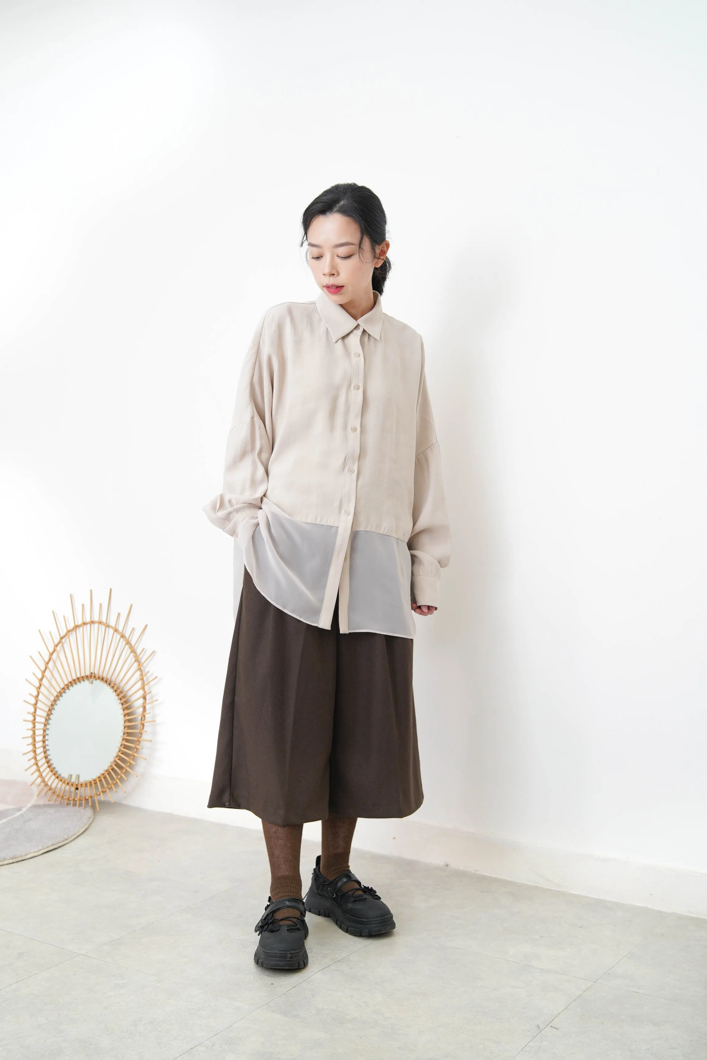 Beige chiffon shirt w/ sheer long hem