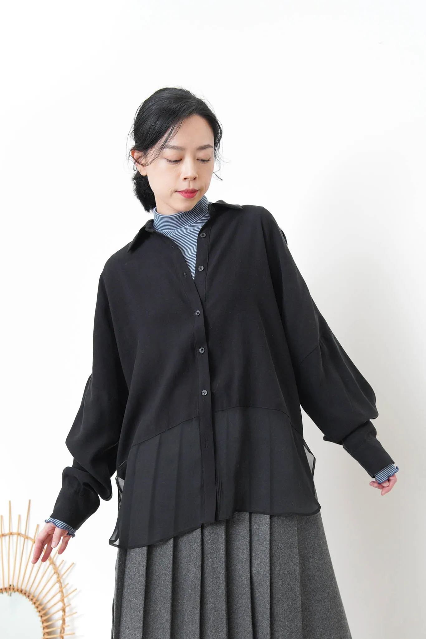 Black chiffon shirt w/ sheer long hem