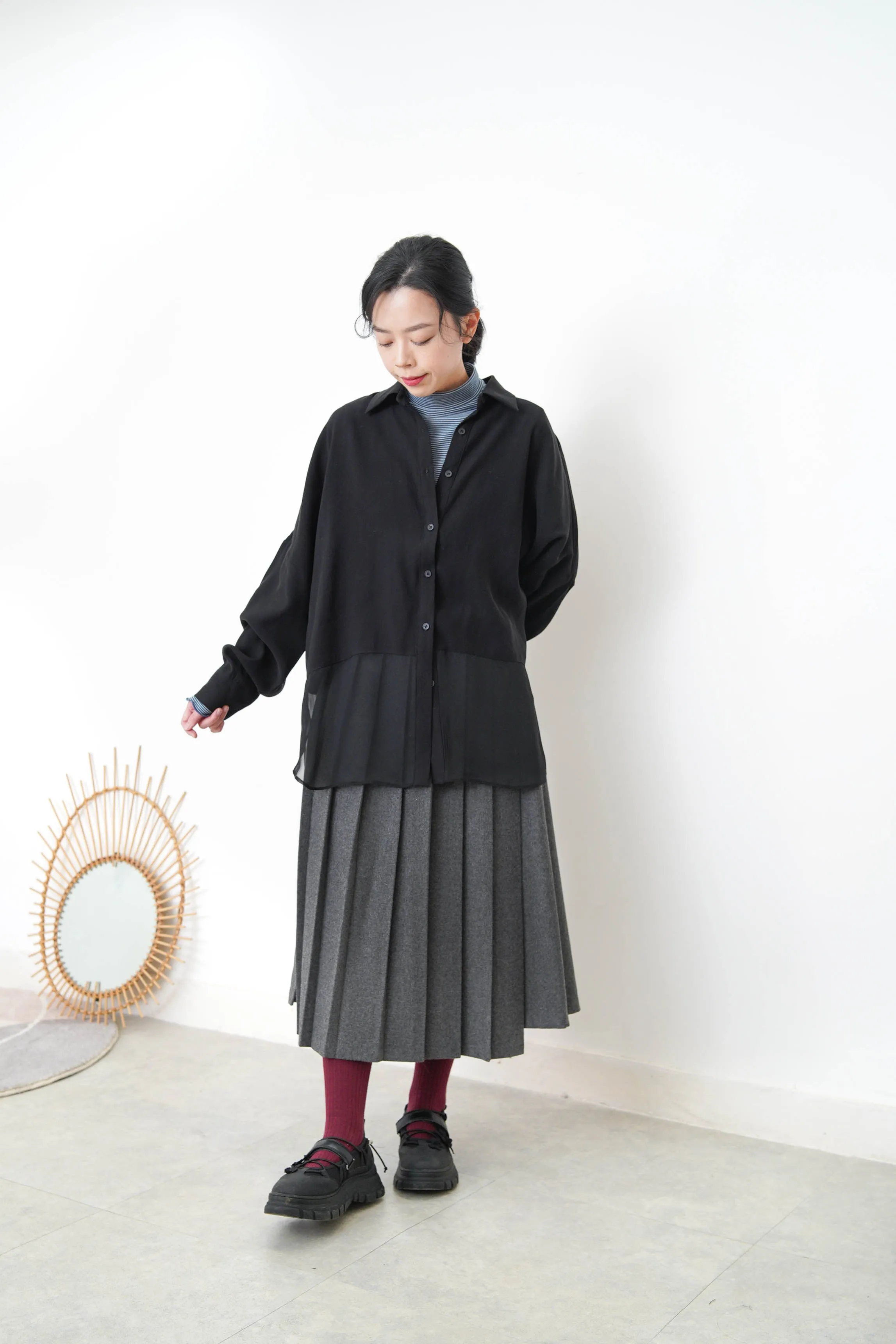 Black chiffon shirt w/ sheer long hem