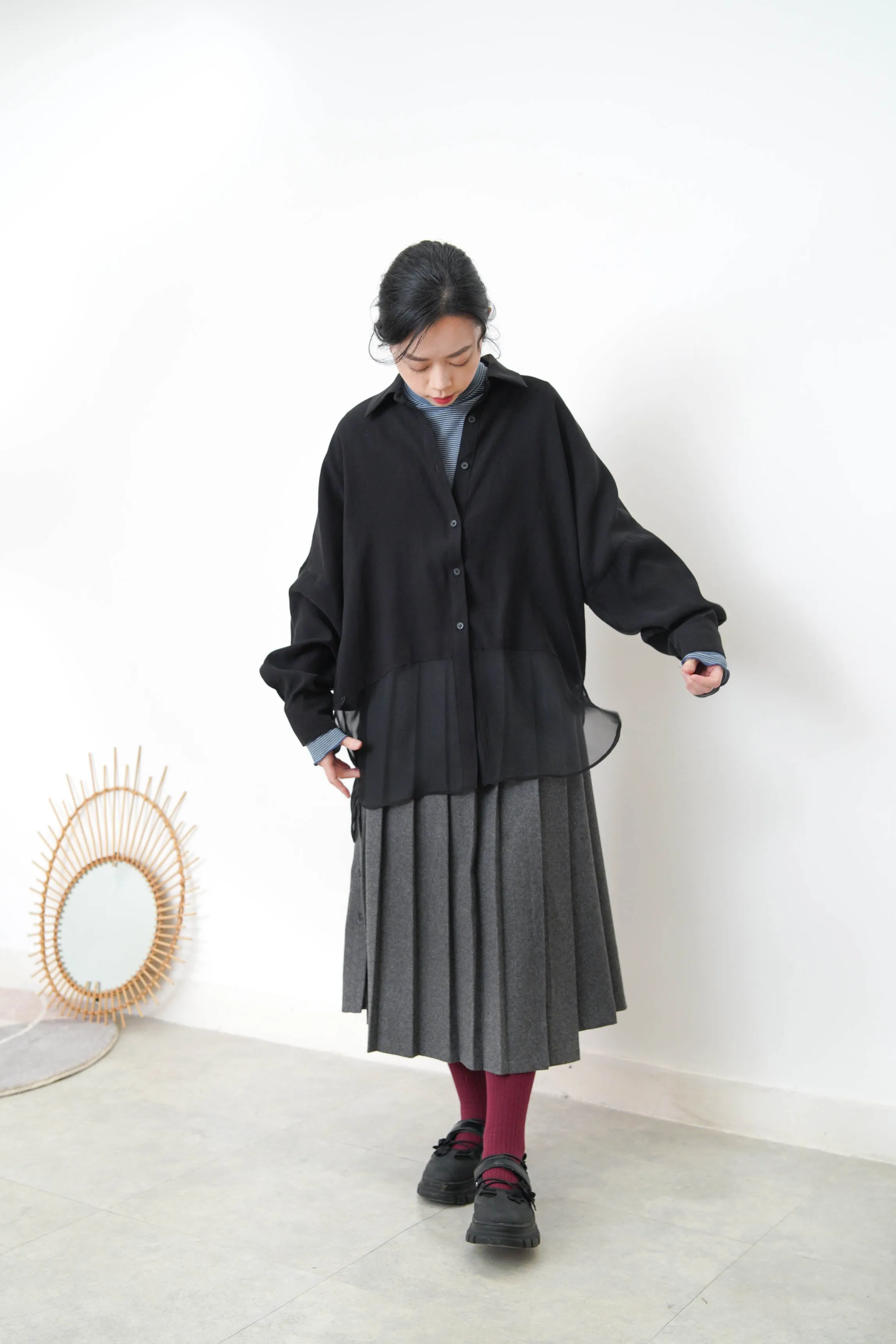 Black chiffon shirt w/ sheer long hem