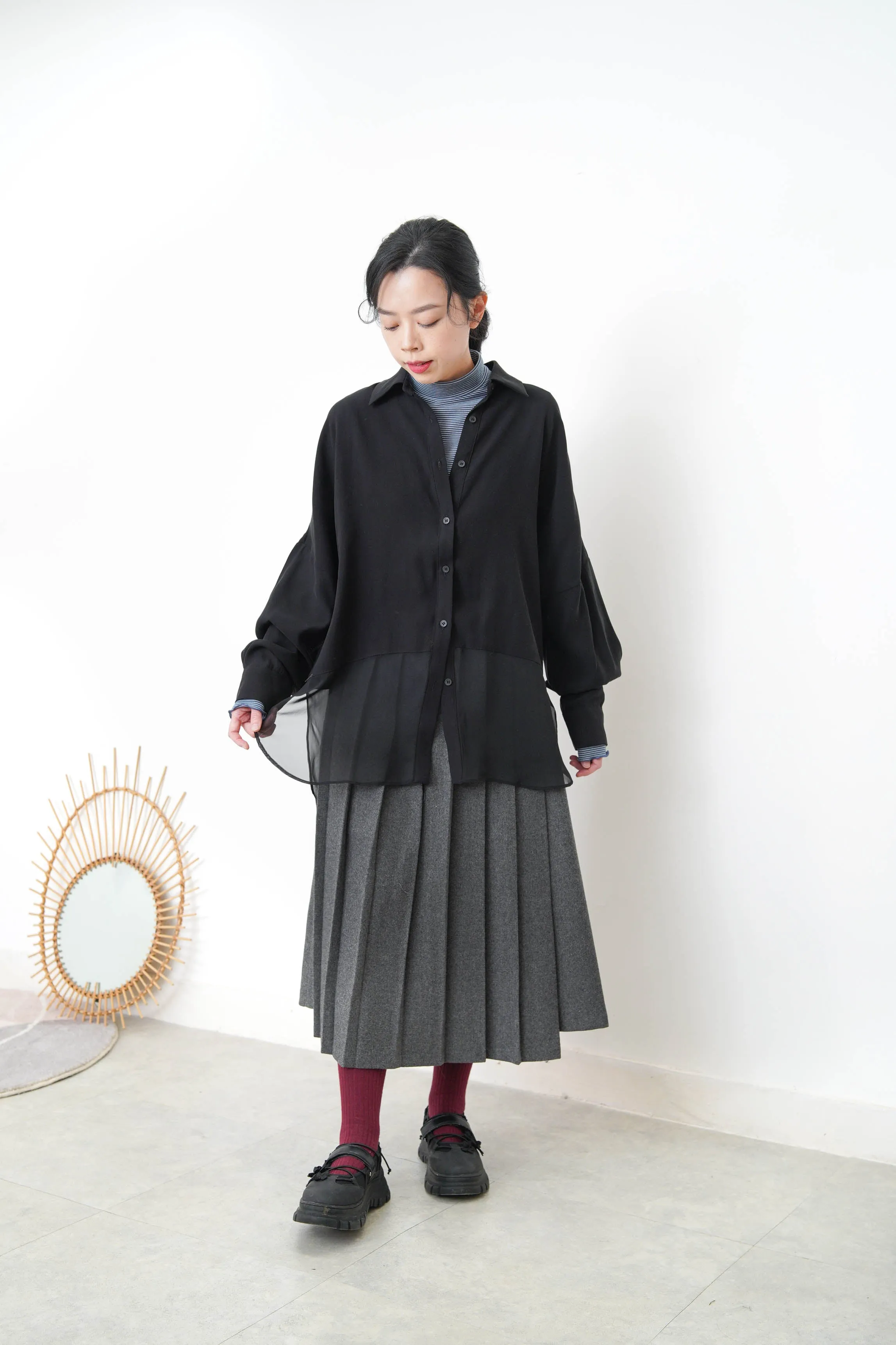 Black chiffon shirt w/ sheer long hem