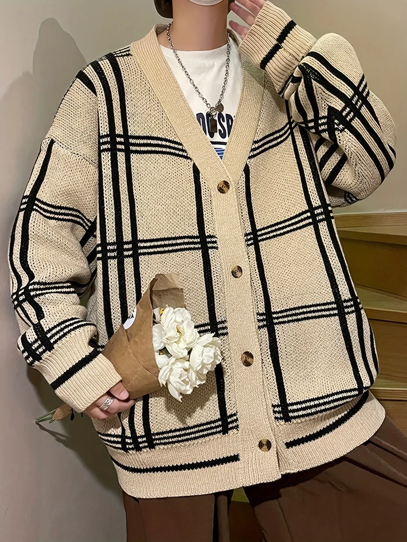 DARELL | Stylish Checked Loosely Knitted Cardigan