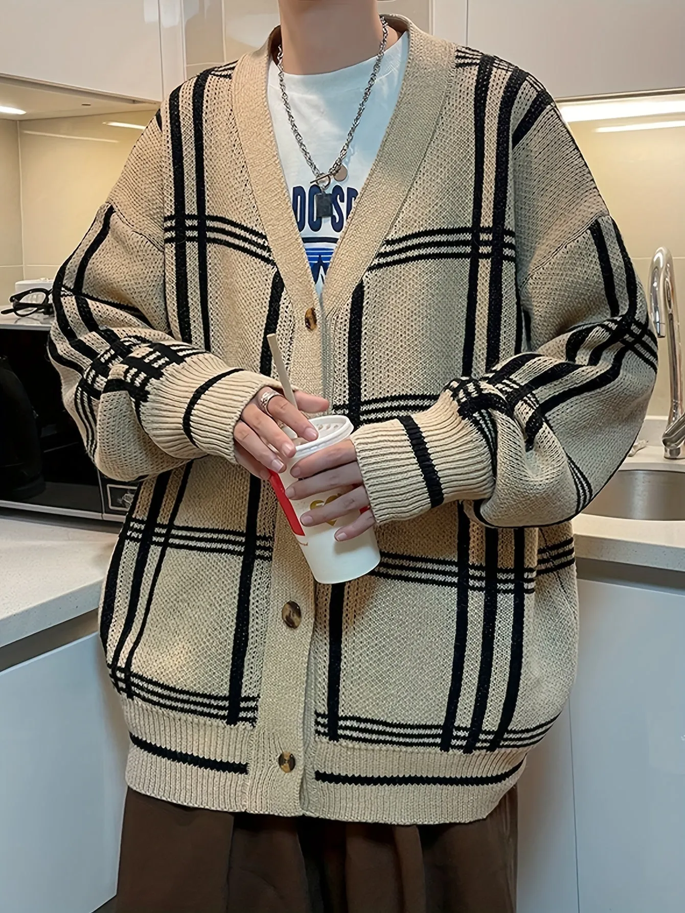 DARELL | Stylish Checked Loosely Knitted Cardigan