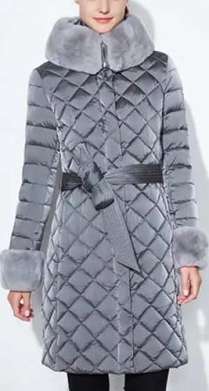 Diamond Padded Fur-Trim Coat, Grey