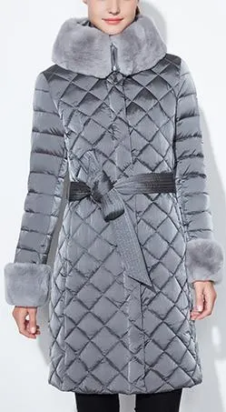 Diamond Padded Fur-Trim Coat, Grey