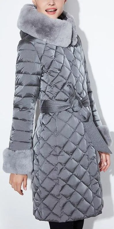 Diamond Padded Fur-Trim Coat, Grey