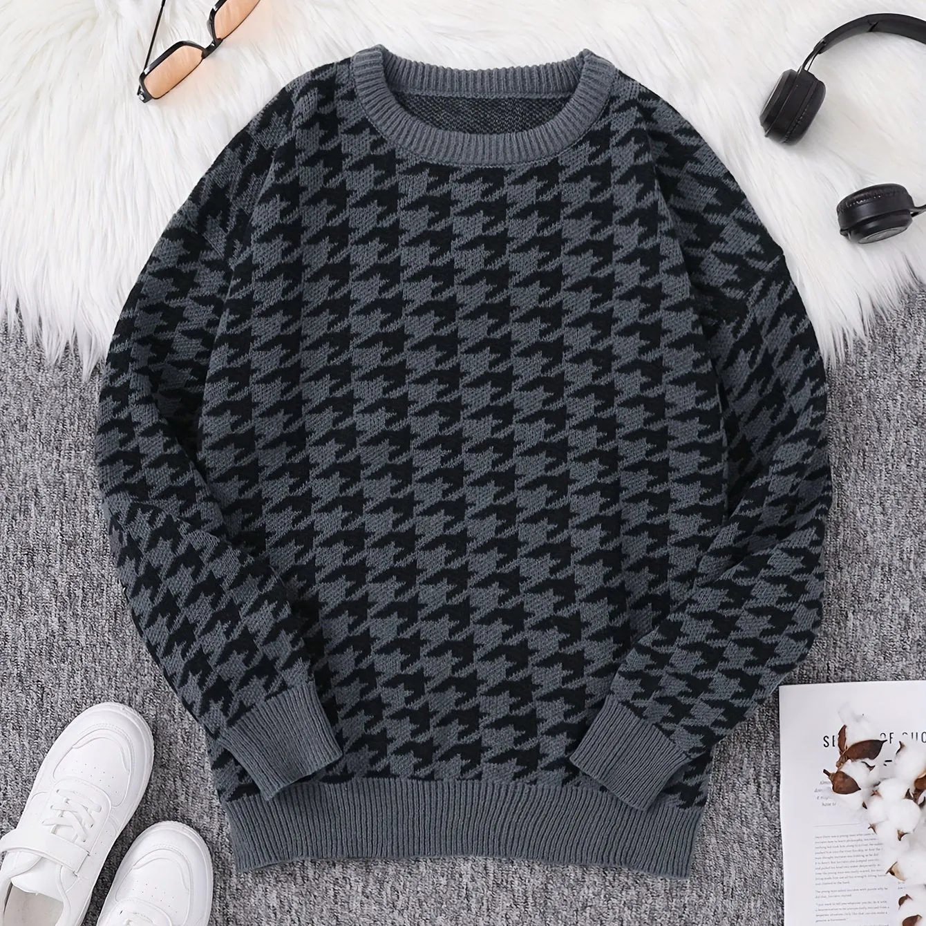 ELVIREN | Casual Sweater with Pied-de-Poule Pattern