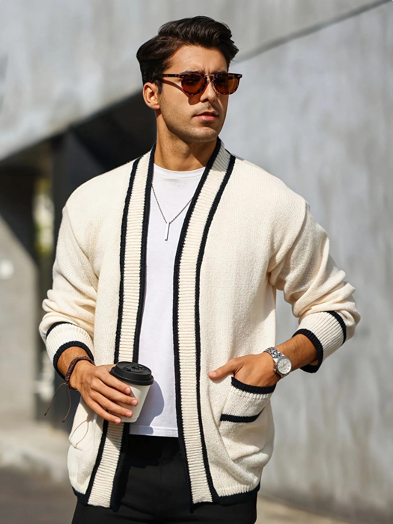 FENZOX | Mens Cardigan with Stand-Up Collar and Rib-Knit