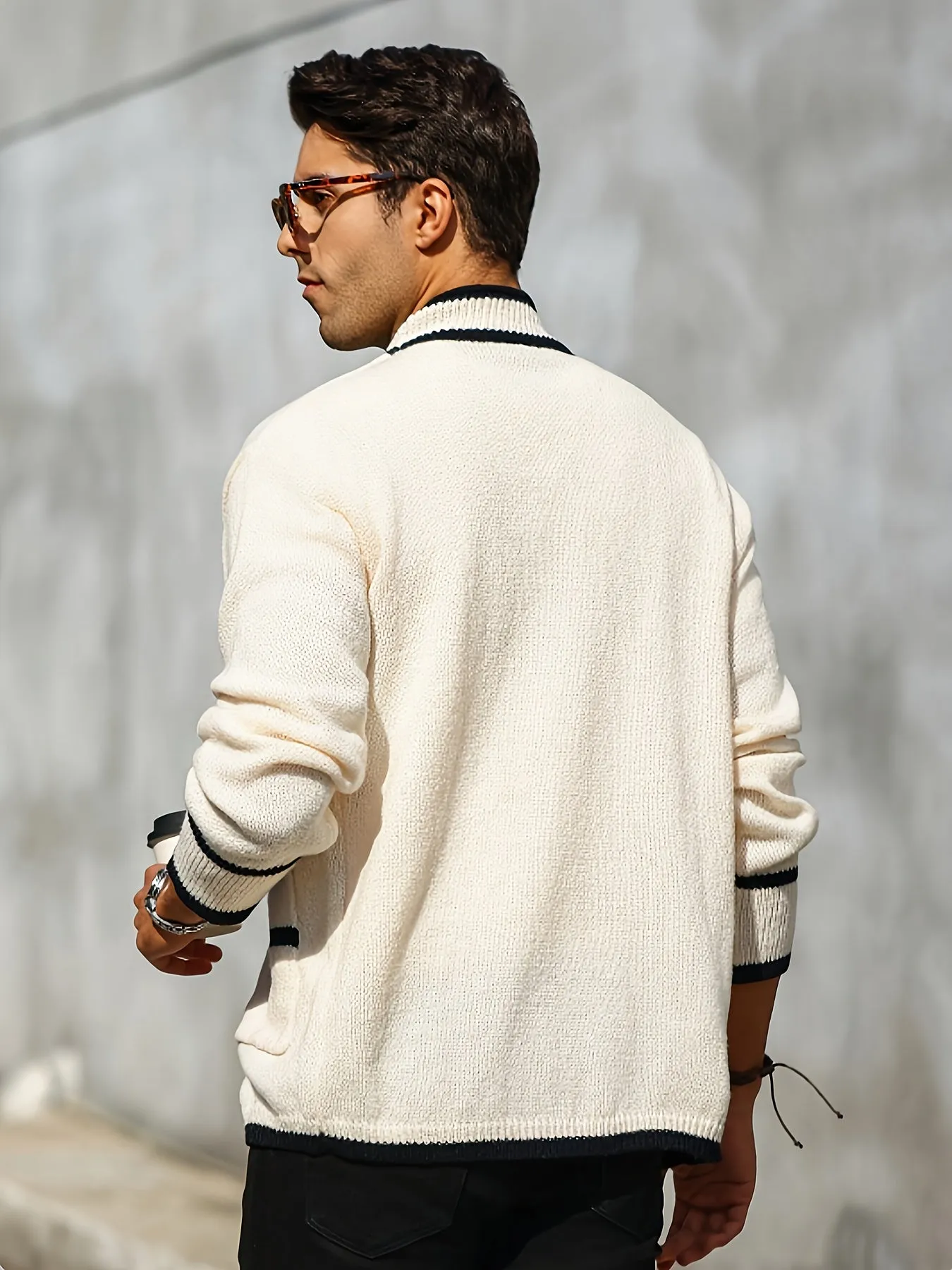 FENZOX | Mens Cardigan with Stand-Up Collar and Rib-Knit