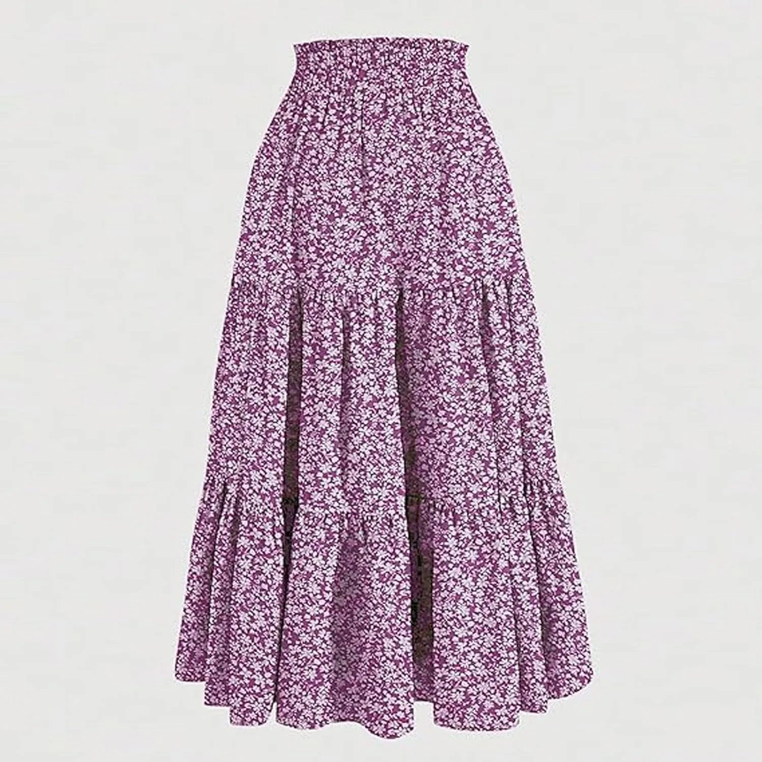 Floral Print Boho Maxi Skirt Women Elastic High Waist Tiered Pleated Flowy Long Summer Beach Skirt