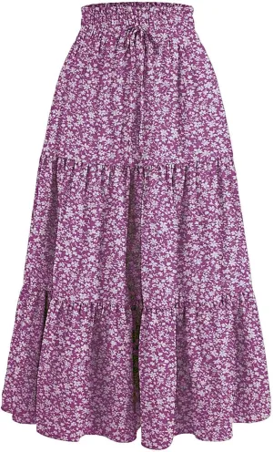 Floral Print Boho Maxi Skirt Women Elastic High Waist Tiered Pleated Flowy Long Summer Beach Skirt