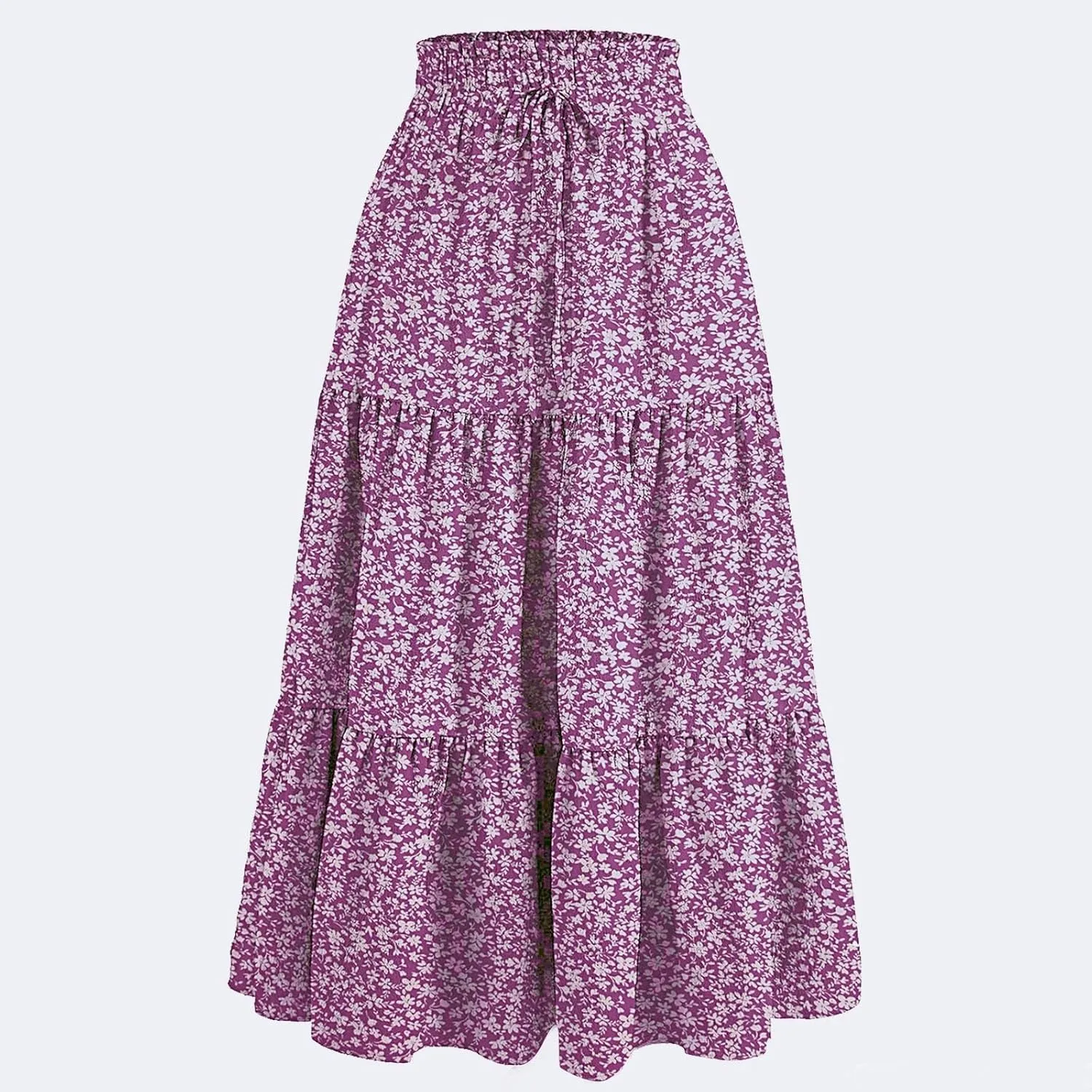 Floral Print Boho Maxi Skirt Women Elastic High Waist Tiered Pleated Flowy Long Summer Beach Skirt