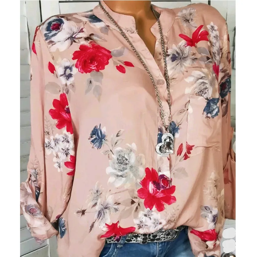 Floral Printed Stand Collar Long Sleeve Chiffon Blouses