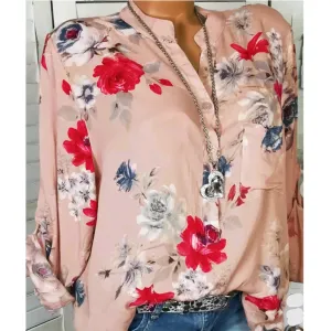 Floral Printed Stand Collar Long Sleeve Chiffon Blouses