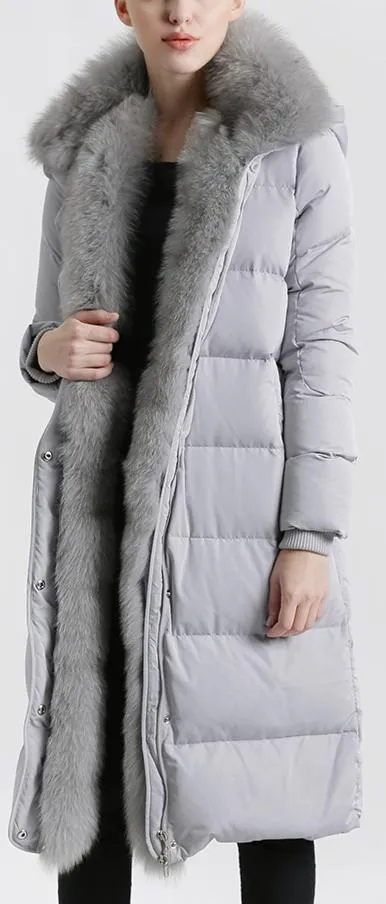 Fox Fur Trimmed Paneled Puffer Coat, Grey