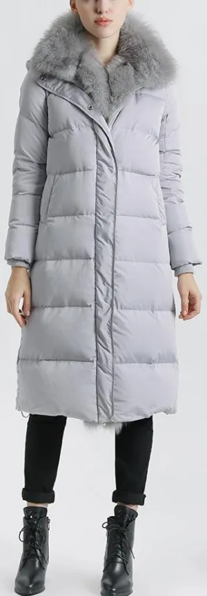 Fox Fur Trimmed Paneled Puffer Coat, Grey