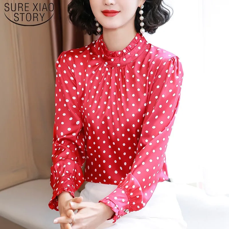 Graduation Gifts  Women Blouses Casual Stand Collar Autumn Fashion Women Shirts Blouses Long Sleeve Polka Dot Women Tops 2022 Fashion Blusas 10589