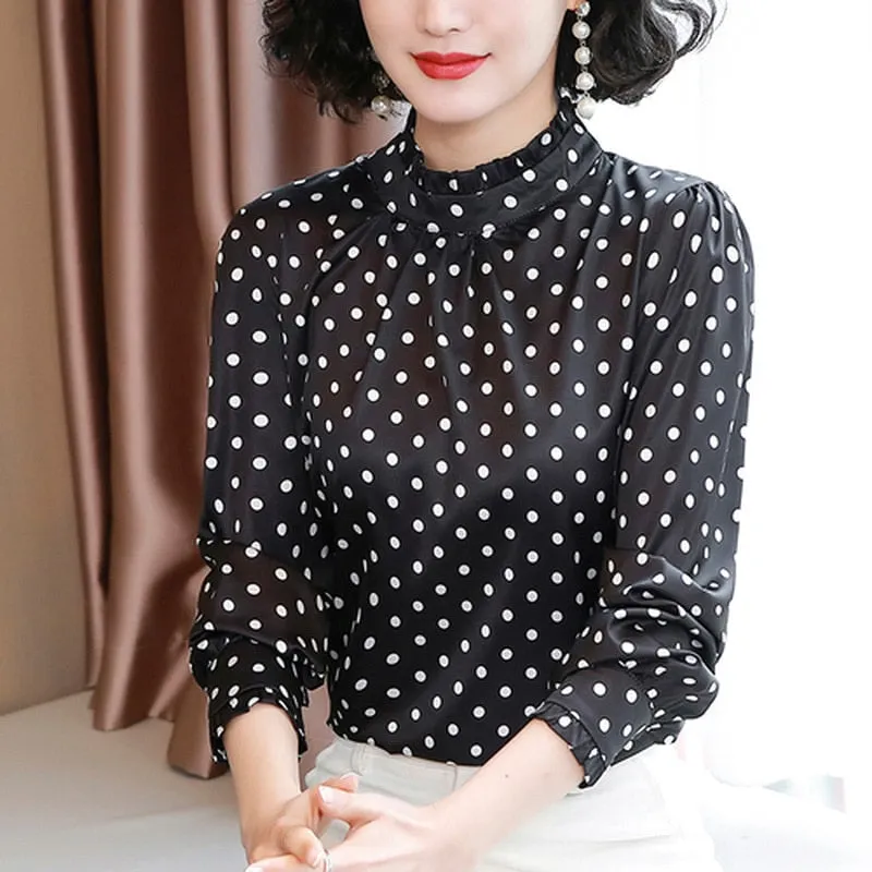 Graduation Gifts  Women Blouses Casual Stand Collar Autumn Fashion Women Shirts Blouses Long Sleeve Polka Dot Women Tops 2022 Fashion Blusas 10589