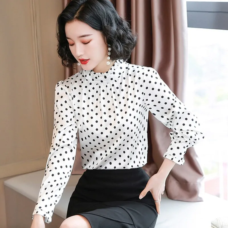Graduation Gifts  Women Blouses Casual Stand Collar Autumn Fashion Women Shirts Blouses Long Sleeve Polka Dot Women Tops 2022 Fashion Blusas 10589