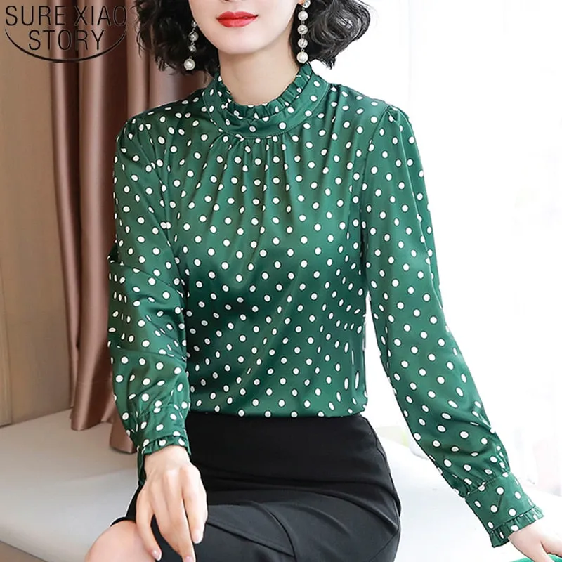 Graduation Gifts  Women Blouses Casual Stand Collar Autumn Fashion Women Shirts Blouses Long Sleeve Polka Dot Women Tops 2022 Fashion Blusas 10589