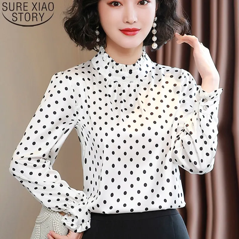Graduation Gifts  Women Blouses Casual Stand Collar Autumn Fashion Women Shirts Blouses Long Sleeve Polka Dot Women Tops 2022 Fashion Blusas 10589
