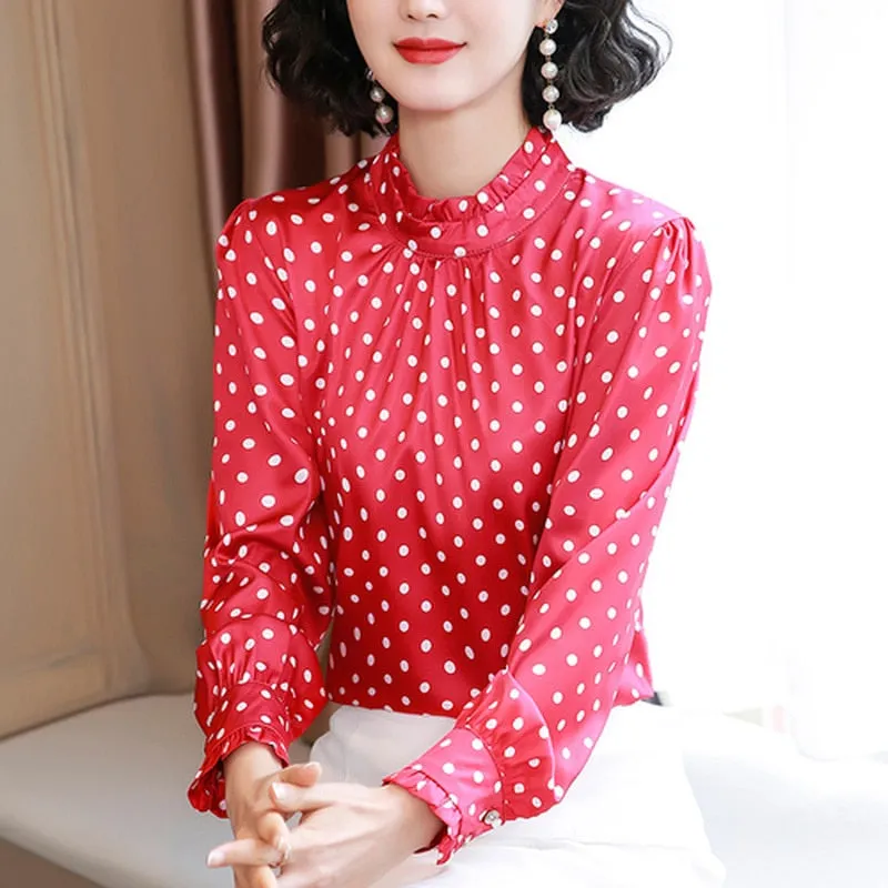 Graduation Gifts  Women Blouses Casual Stand Collar Autumn Fashion Women Shirts Blouses Long Sleeve Polka Dot Women Tops 2022 Fashion Blusas 10589