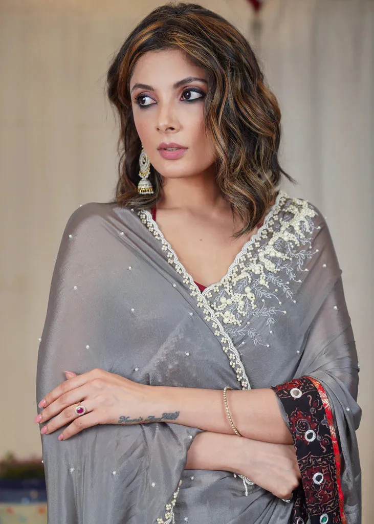 GREY CHIFFON SAREE WITH ELEGANT MOTI WORK AND EXCLUSIVE AJRAKH BORDER WITH MIRROR WORK