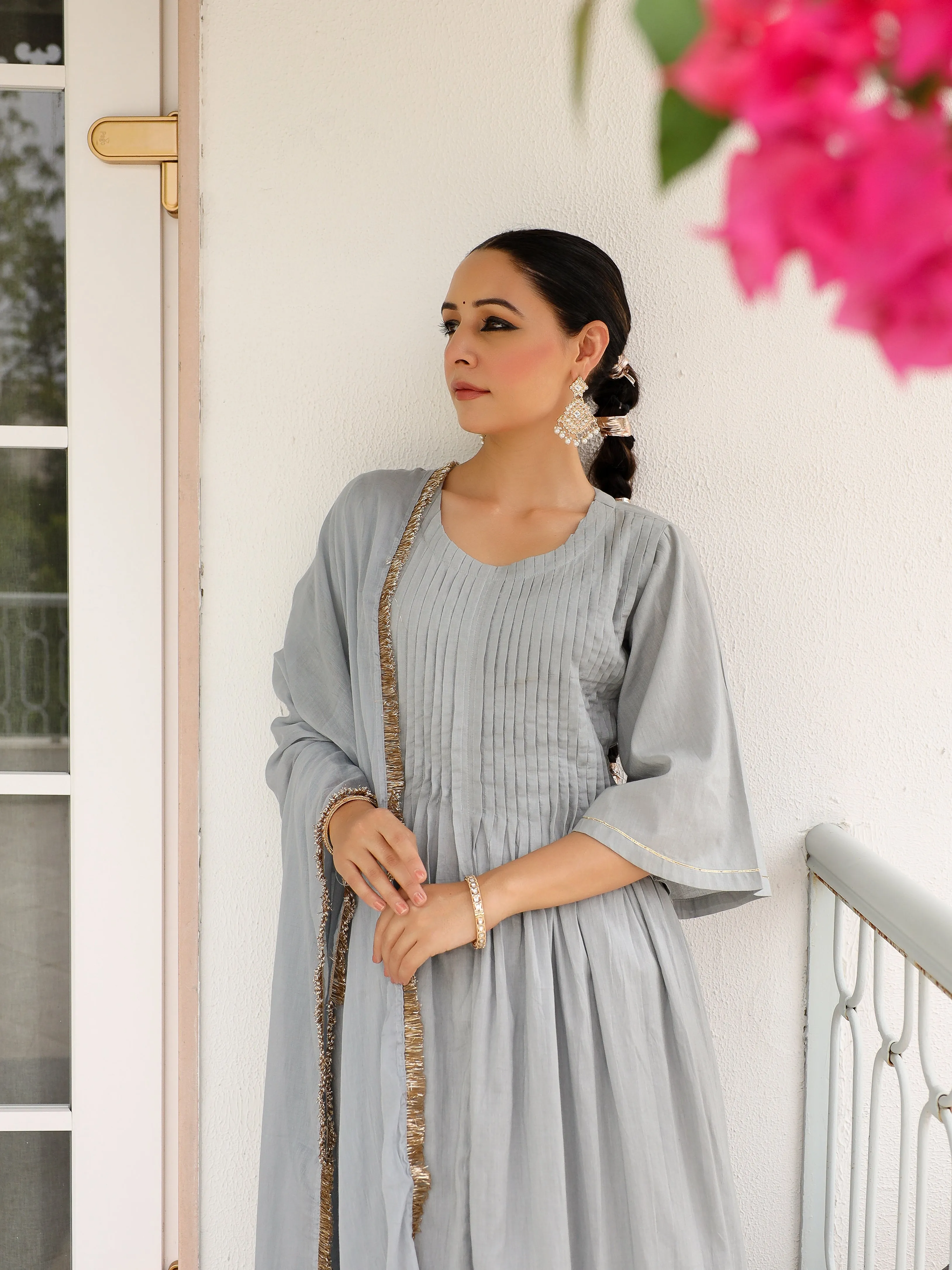 Grey mulmul cotton kurta set with trousers and dupatta