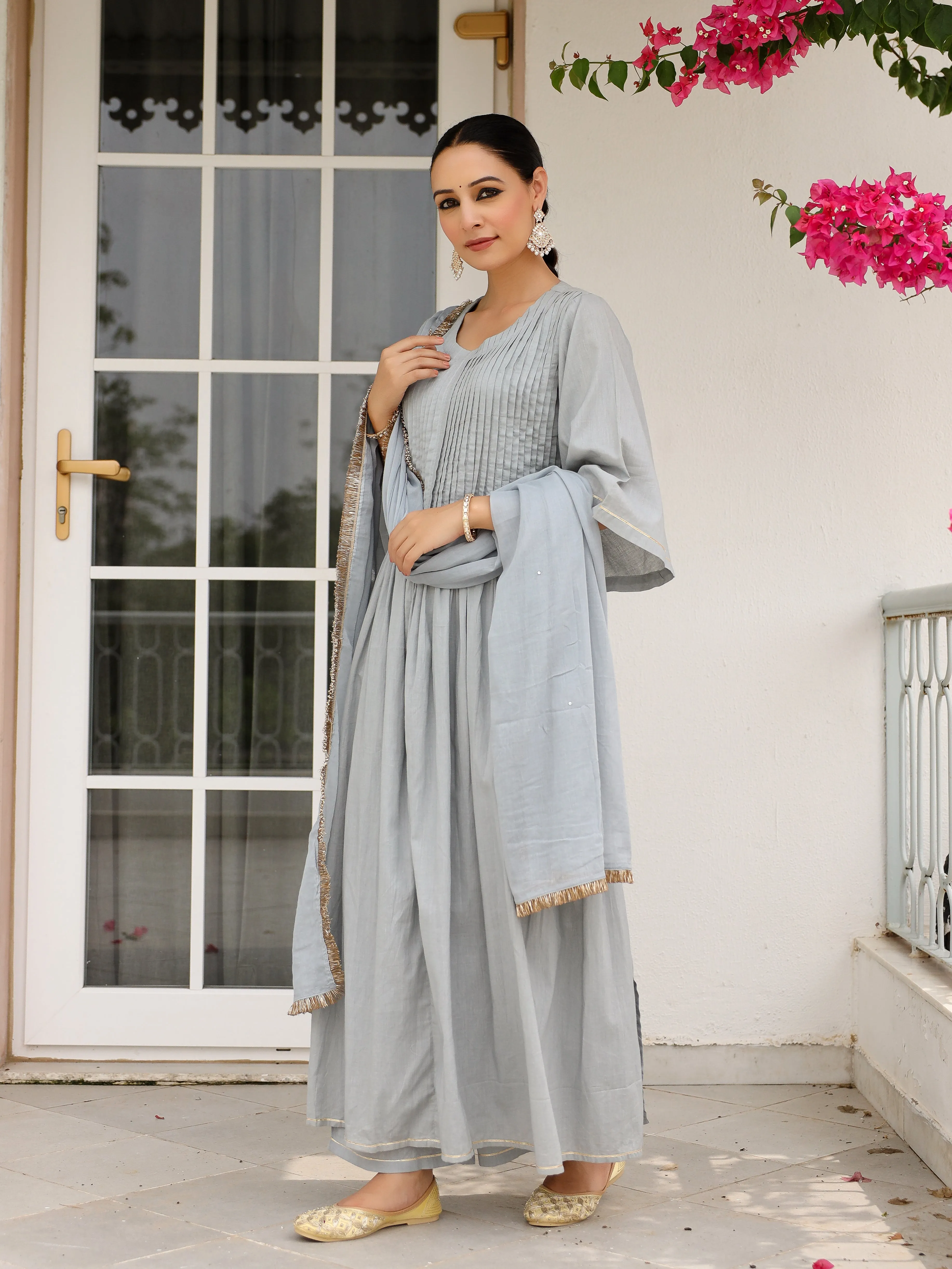 Grey mulmul cotton kurta set with trousers and dupatta