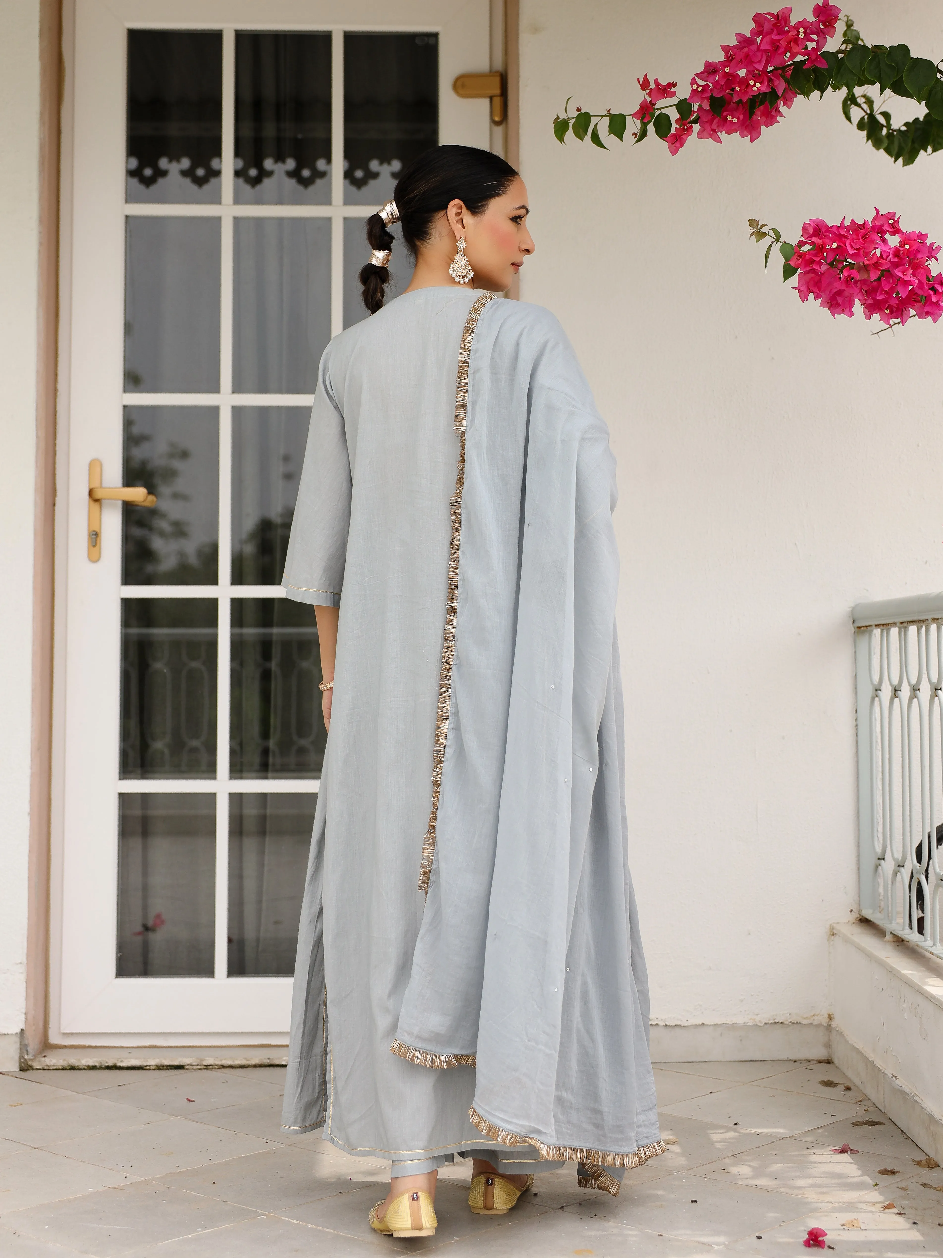 Grey mulmul cotton kurta set with trousers and dupatta
