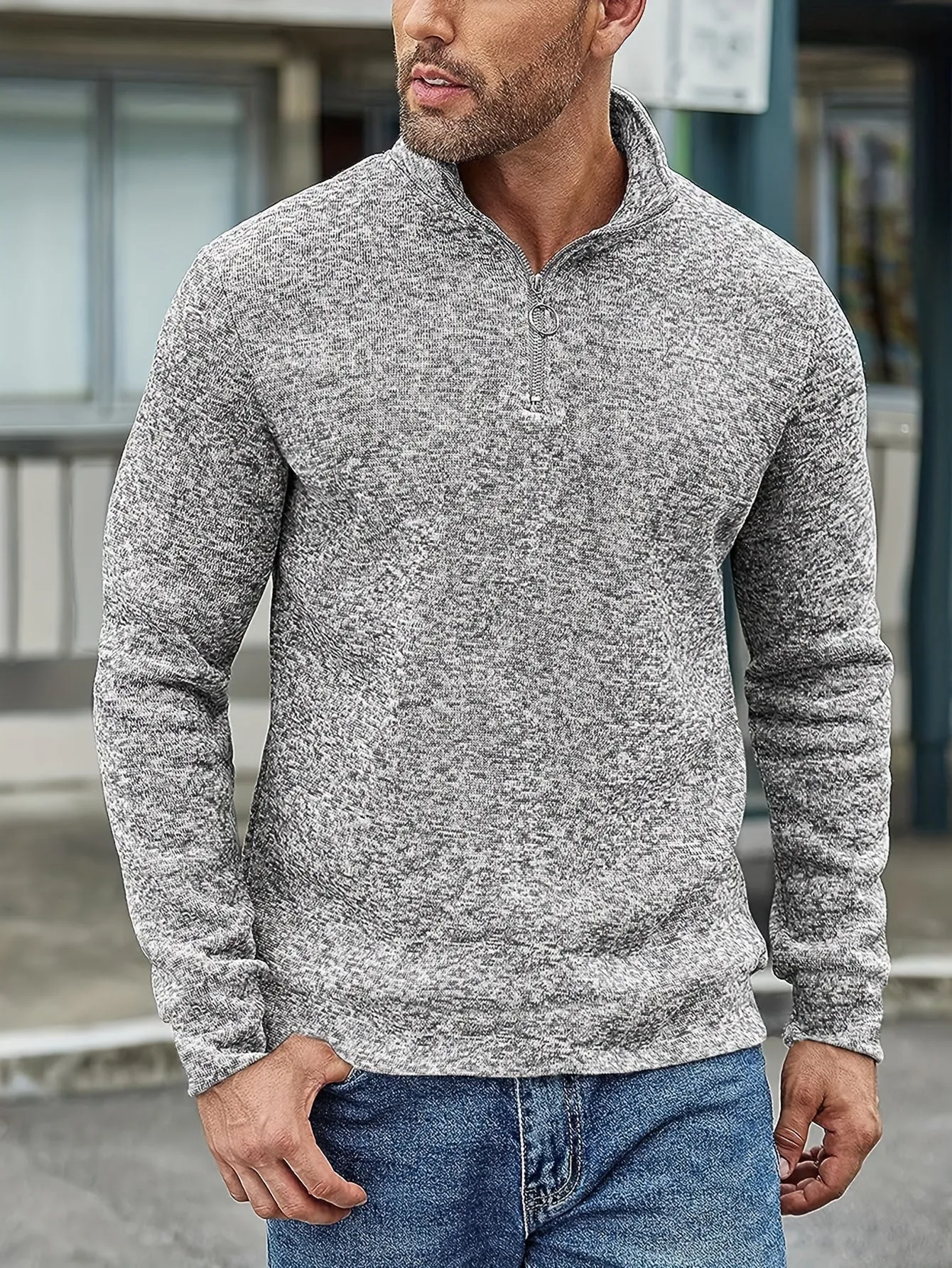 HENZO | Knitted Mens Sweater with Half-Zipper, Slim Fit