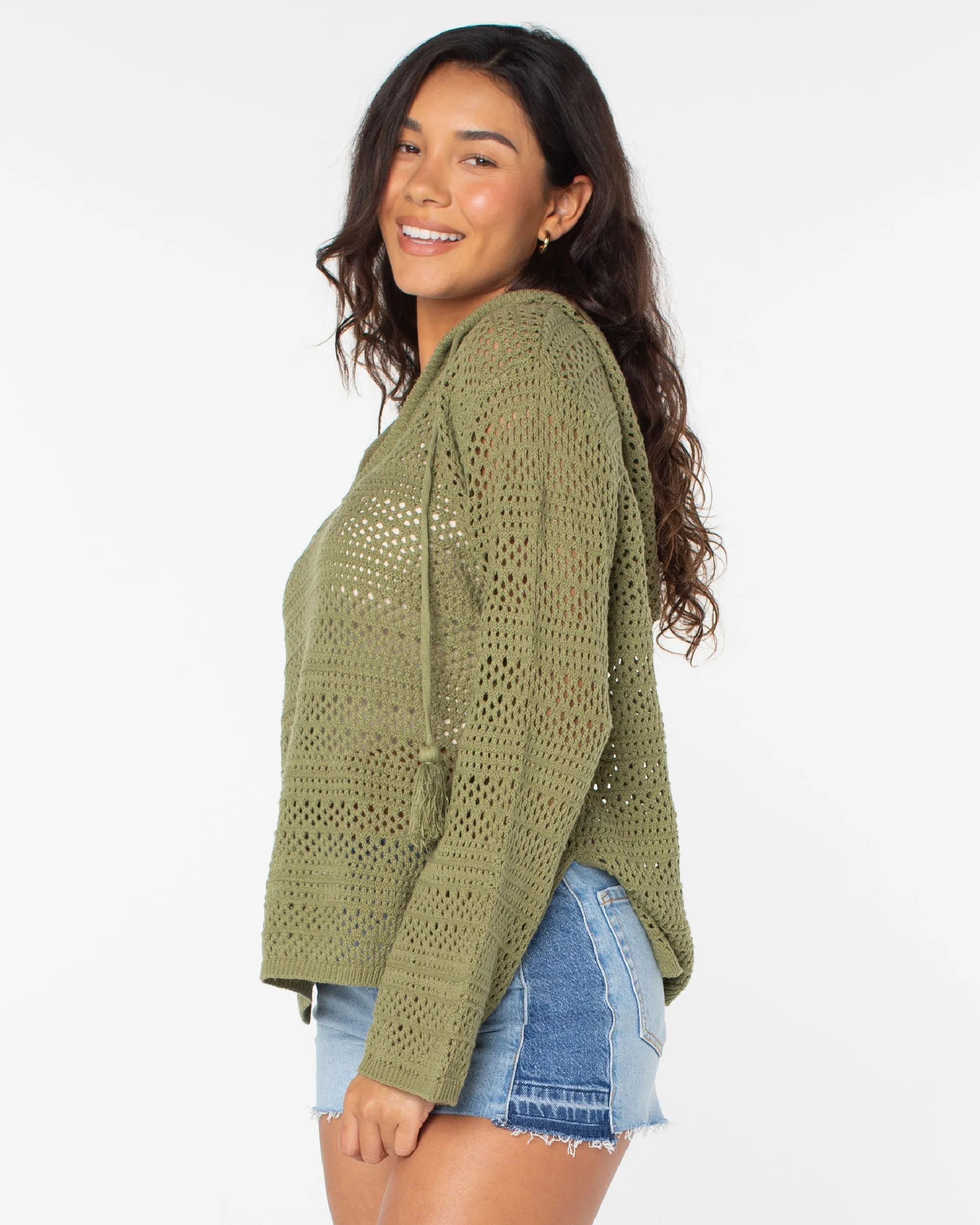 Hippie Love Open Knit Hooded Sweater - Oil Green