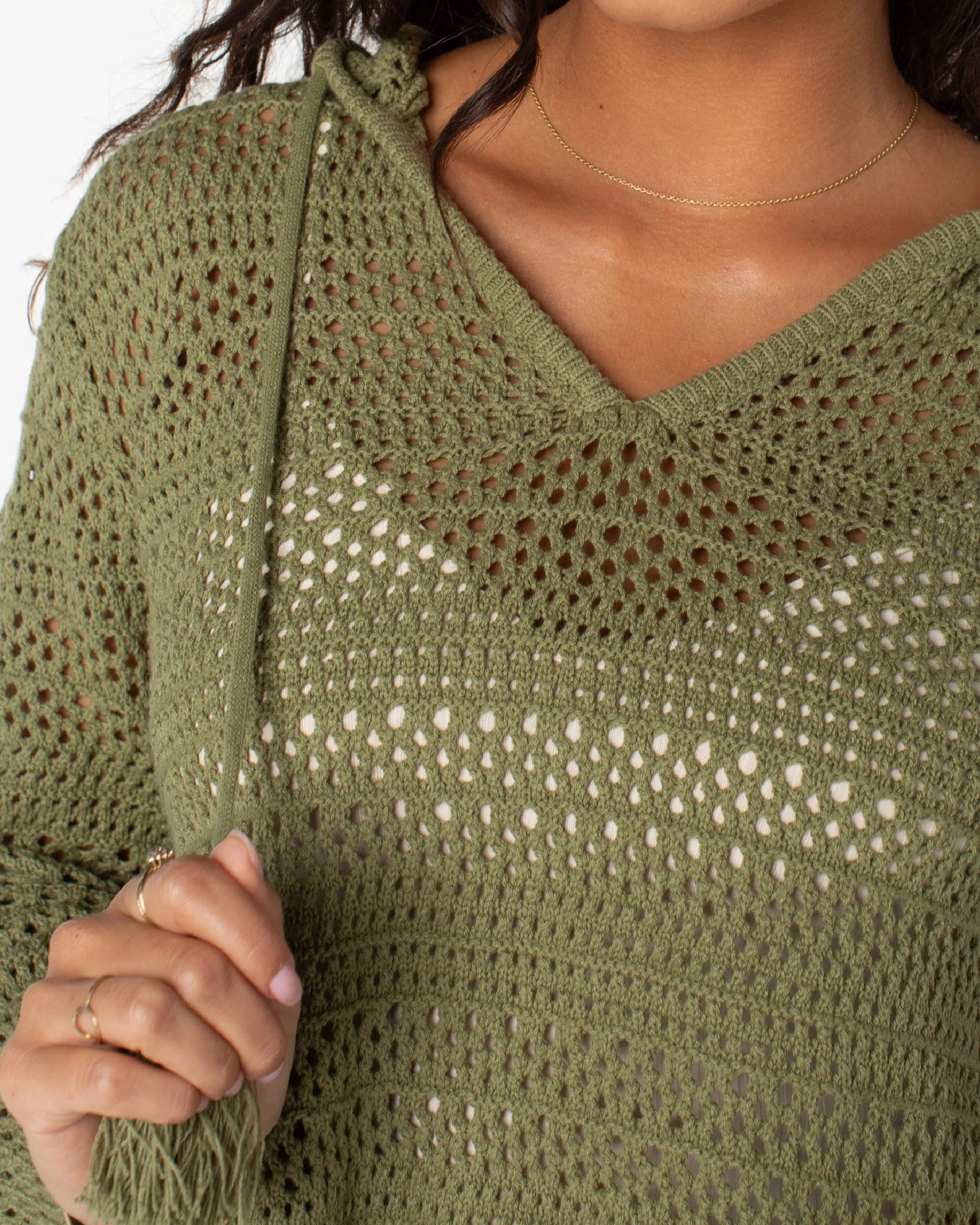 Hippie Love Open Knit Hooded Sweater - Oil Green