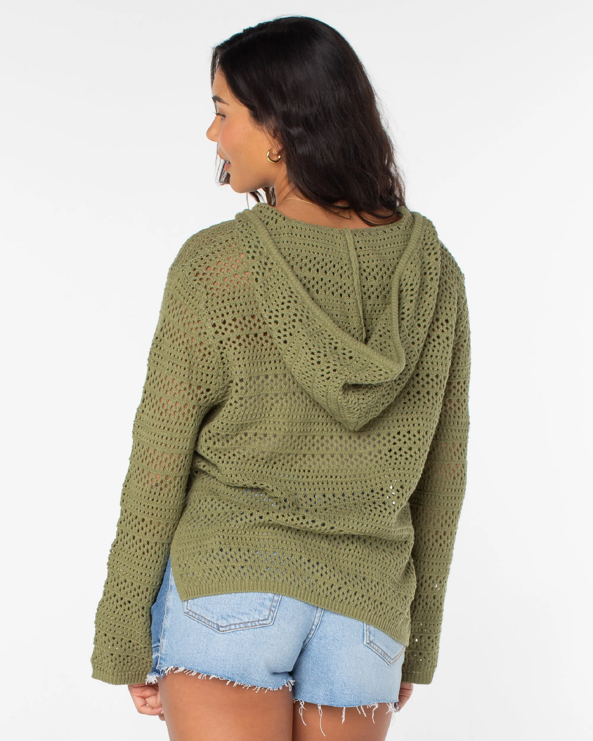 Hippie Love Open Knit Hooded Sweater - Oil Green