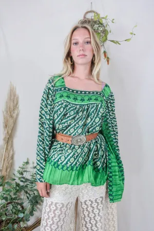 Honey Top - Vintage Indian Sari - Forest & Spring Green Floral (free size)