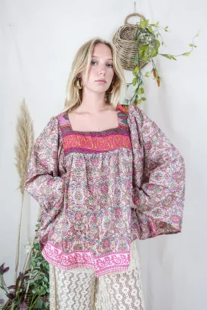 Honey Top - Vintage Indian Sari - Ivory, Magenta & Gold Floral Nouveau - Free Size S/M