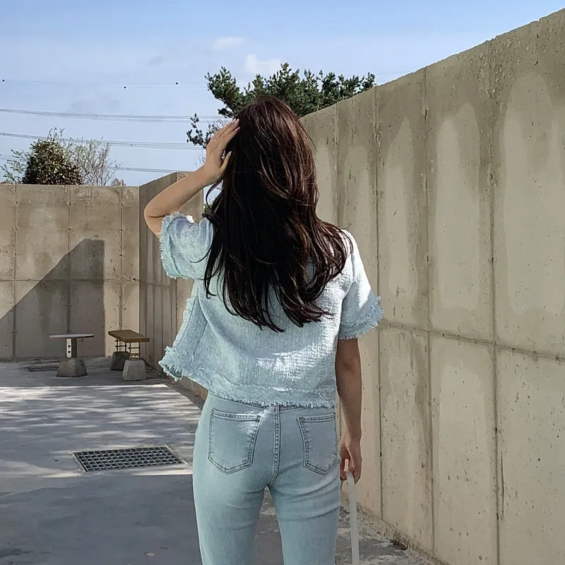 [Korean Style] Cadet Blue Collarless Cropped Tweed Jacket