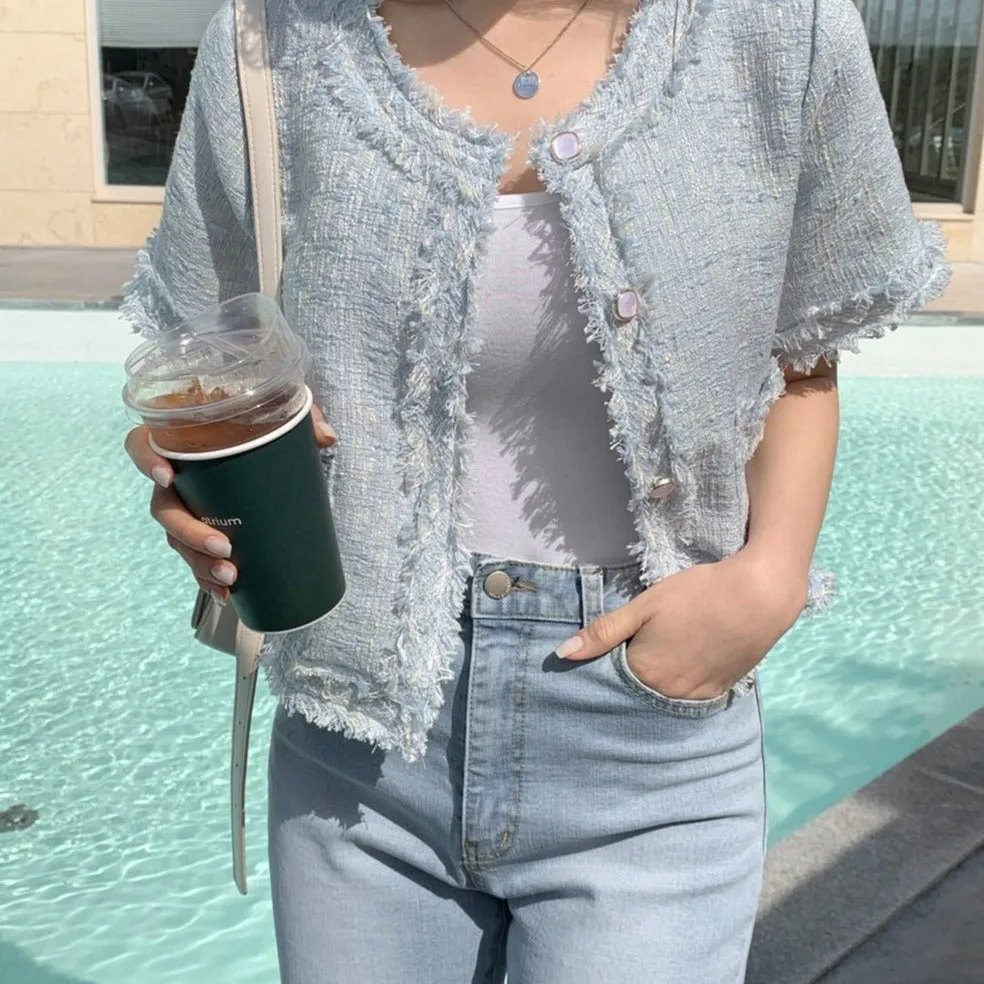[Korean Style] Cadet Blue Collarless Cropped Tweed Jacket