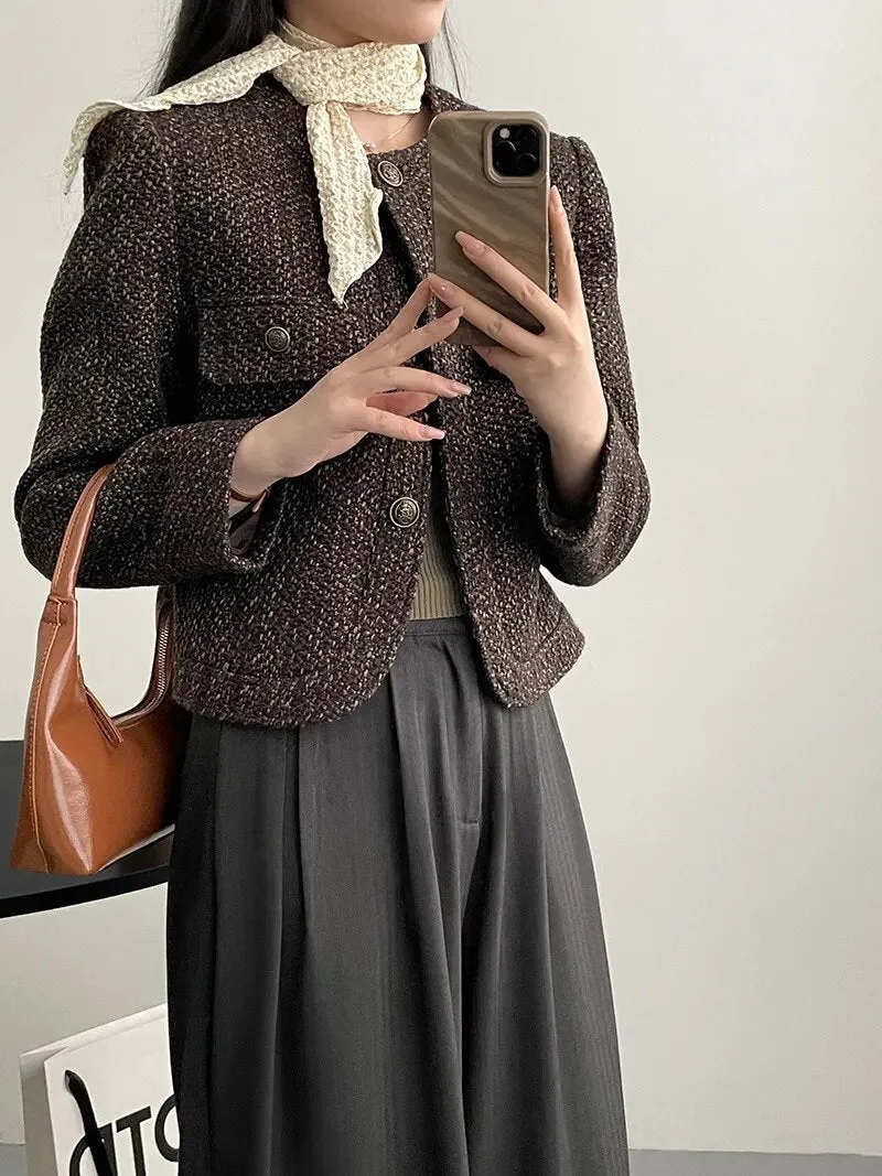 [Korean Style] High Quality Collarless Crop Tweed Jacket