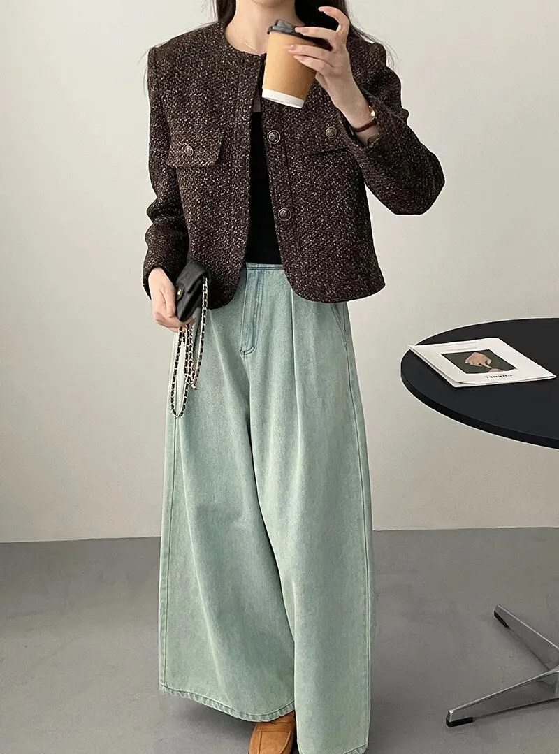 [Korean Style] High Quality Collarless Crop Tweed Jacket