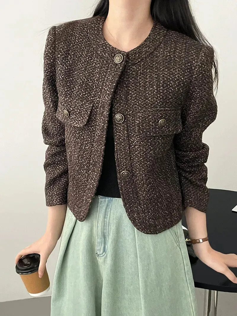 [Korean Style] High Quality Collarless Crop Tweed Jacket